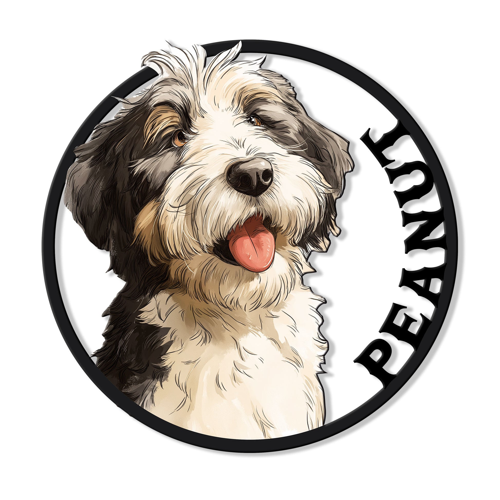 Aussiedoodle metal sign featuring a cheerful shaggy dog portrait inside a bold circular frame