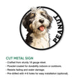 Aussiedoodle dog portrait metal sign shown with a cut-metal construction and installation feature guide