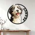 Aussiedoodle wall sign displayed above a console table in a bright, modern farmhouse entryway