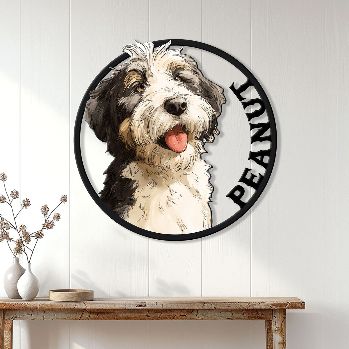 Aussiedoodle wall sign displayed above a console table in a bright, modern farmhouse entryway