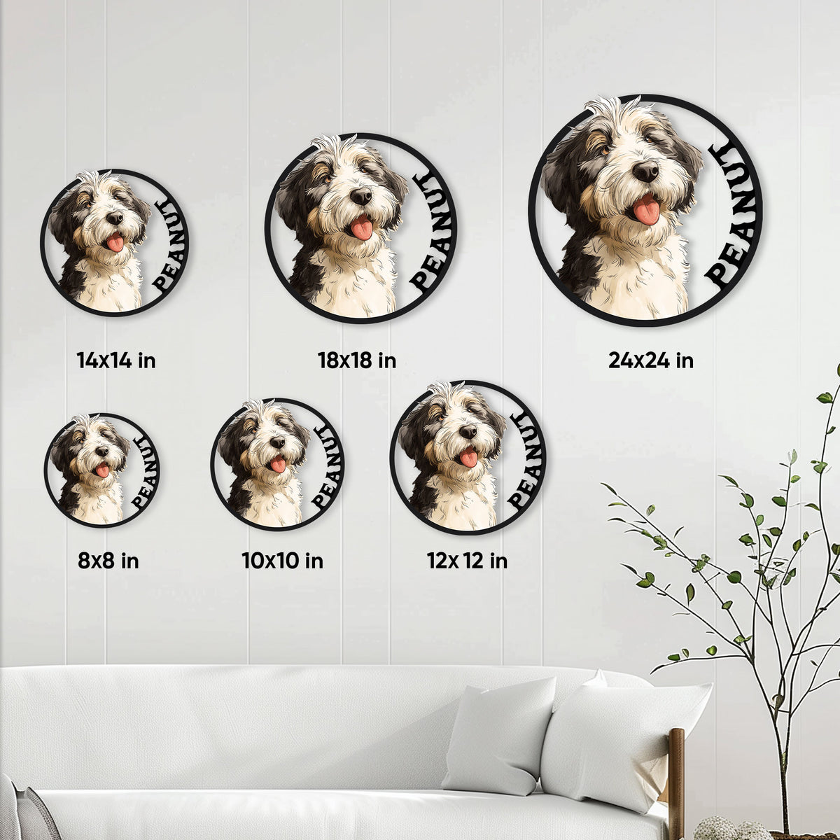 Aussiedoodle metal sign size guide showing six circular size options from 8 by 8 to 24 by 24 inches
