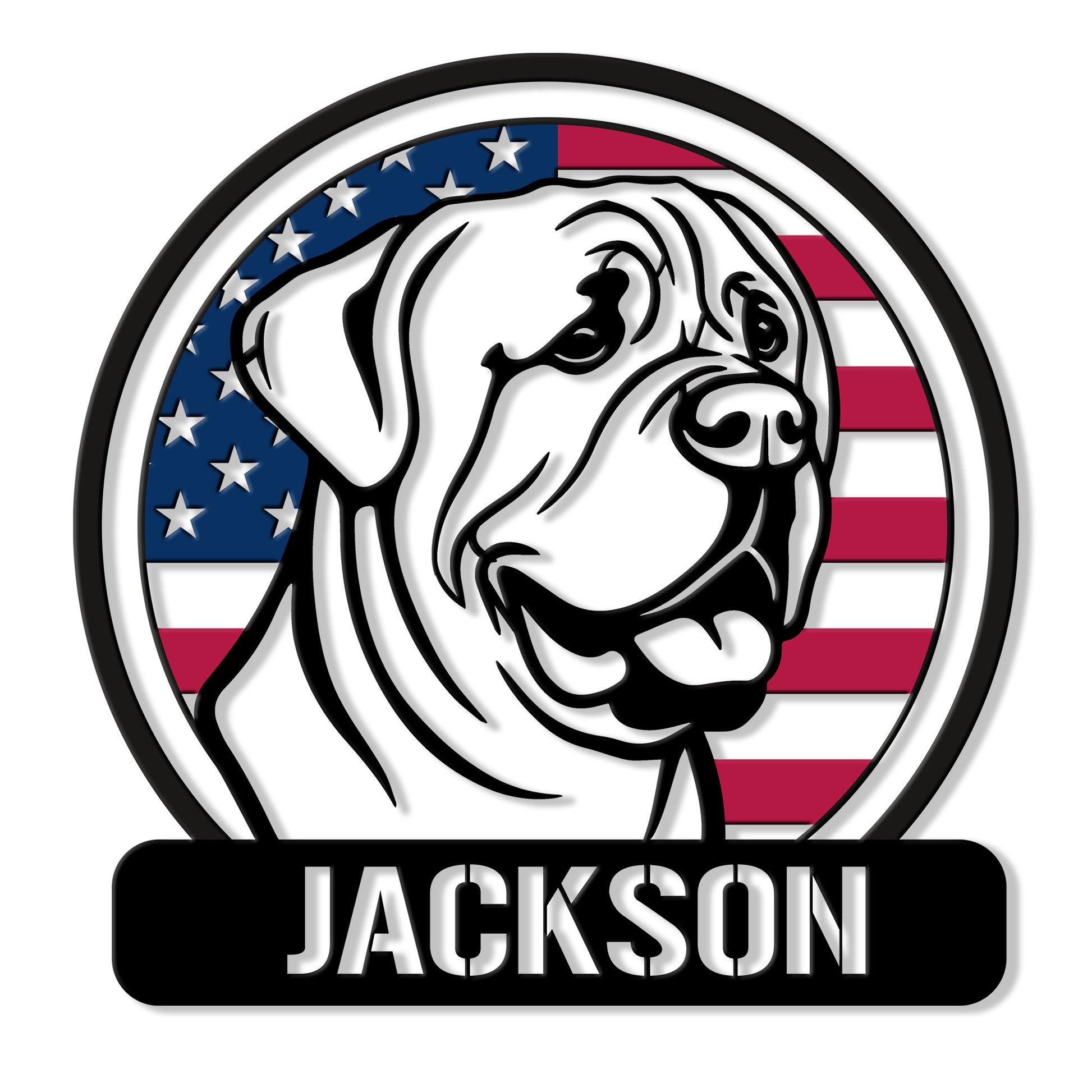English Mastiff metal sign featuring a bold dog portrait framed by a patriotic American flag design