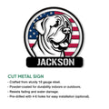 English Mastiff cut metal sign shown with product feature details and a patriotic dog portrait