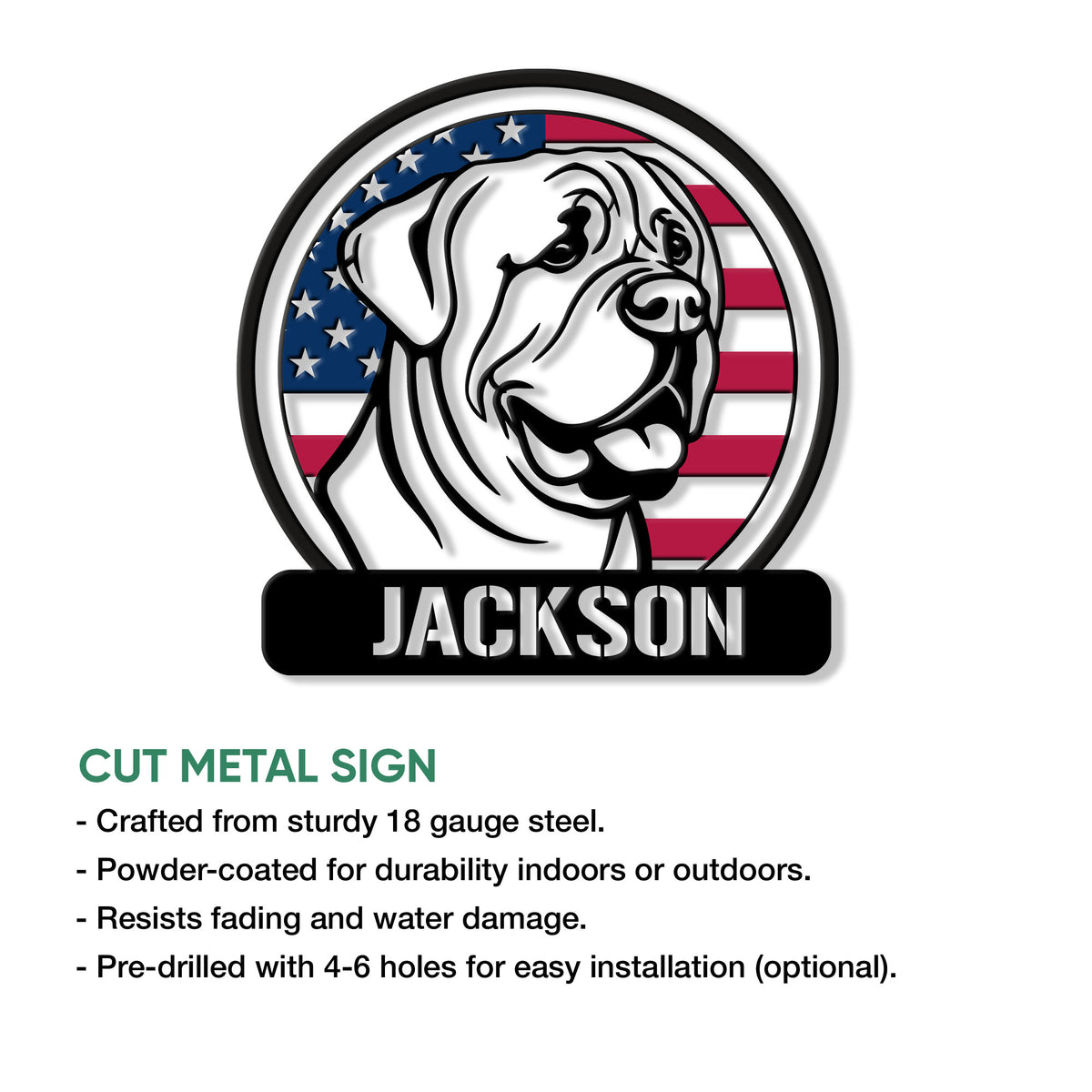 English Mastiff cut metal sign shown with product feature details and a patriotic dog portrait