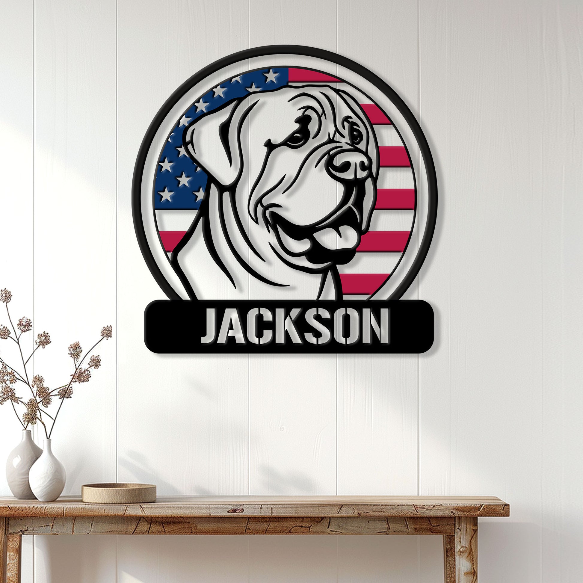 English Mastiff wall sign displayed on a white paneled wall above a console table