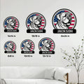 English Mastiff metal sign size guide showing multiple square size options in a living room setting