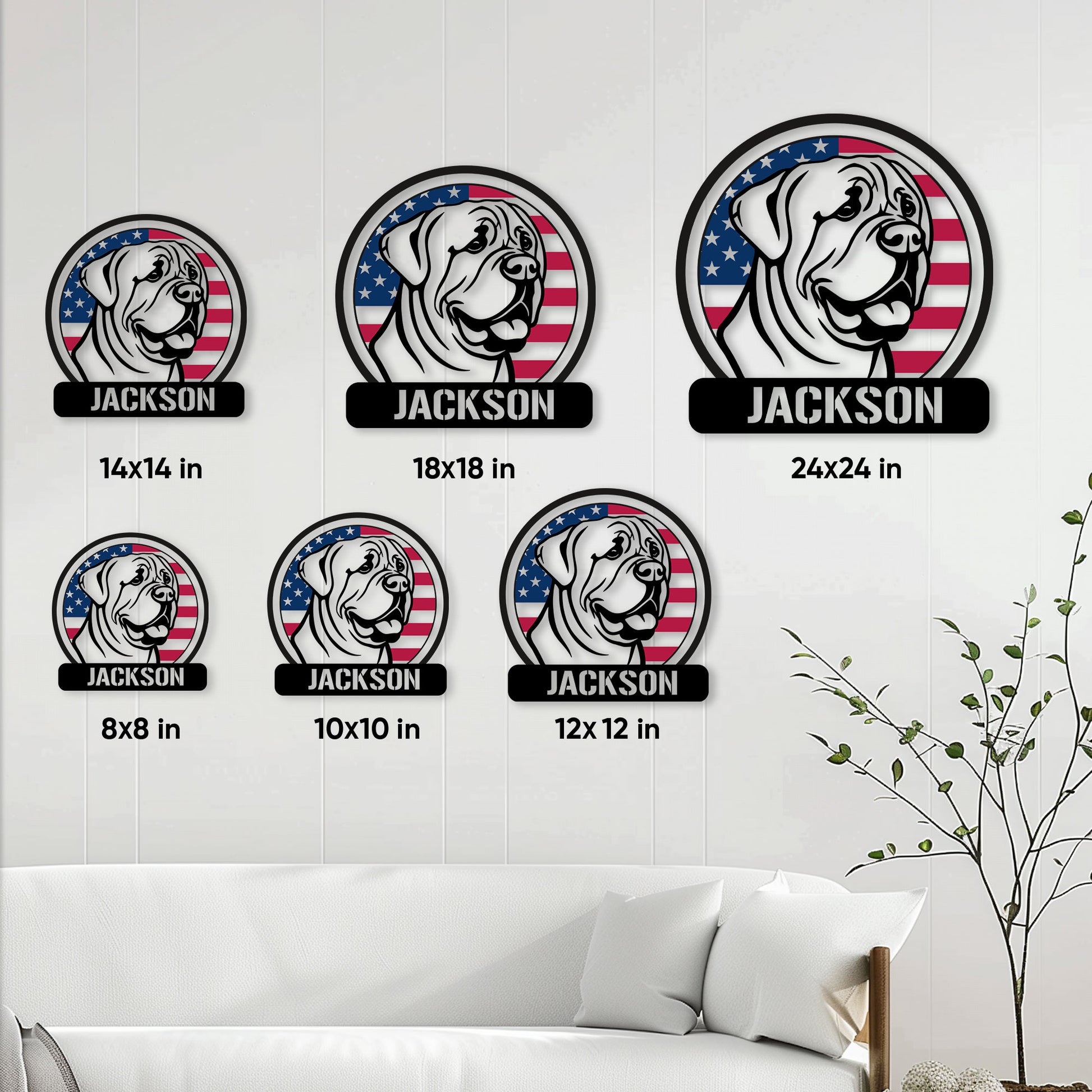 English Mastiff metal sign size guide showing multiple square size options in a living room setting