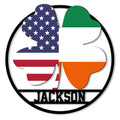 Irish American metal sign featuring a shamrock with United States and Irish flag colors