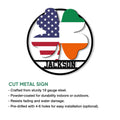 Cut metal sign showcasing an Irish American shamrock design with patriotic flag colors