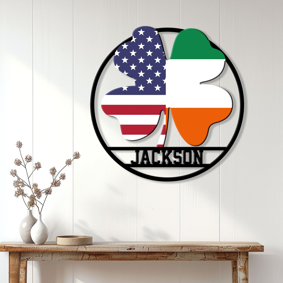 Irish American shamrock metal sign displayed as wall decor in a bright home entryway