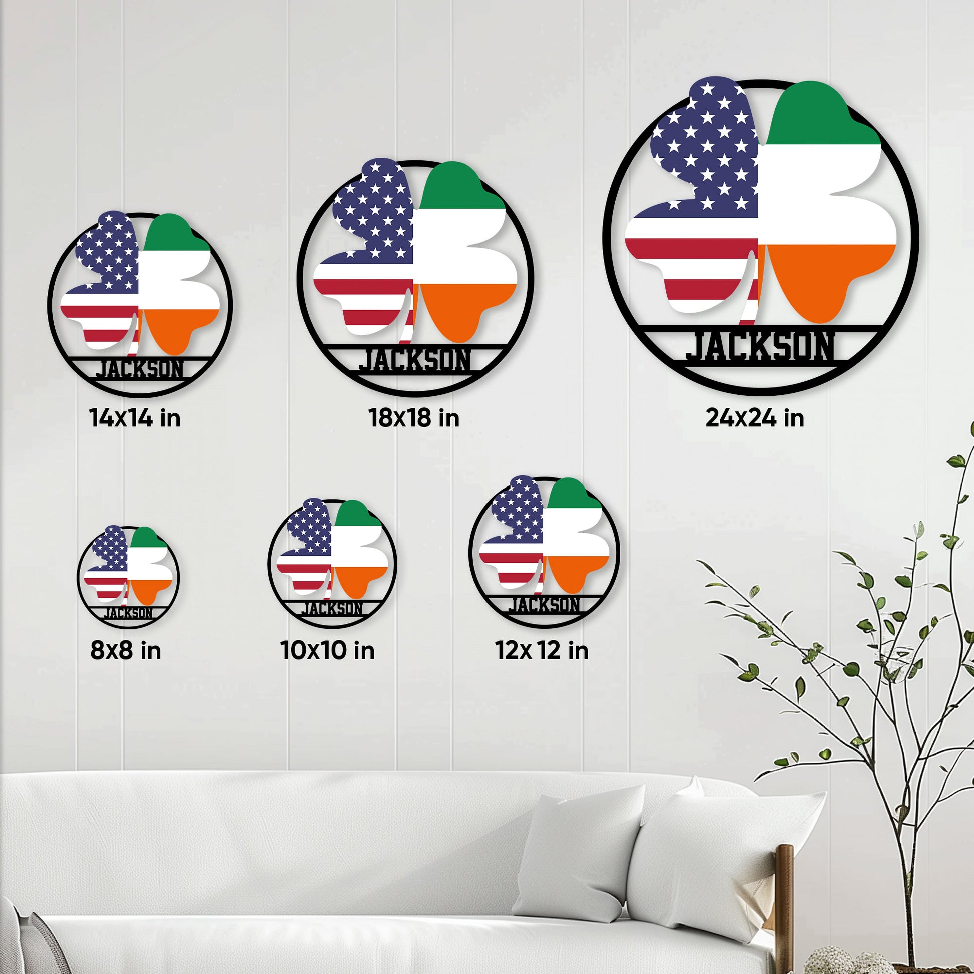Irish American shamrock metal sign size guide showing available square dimensions