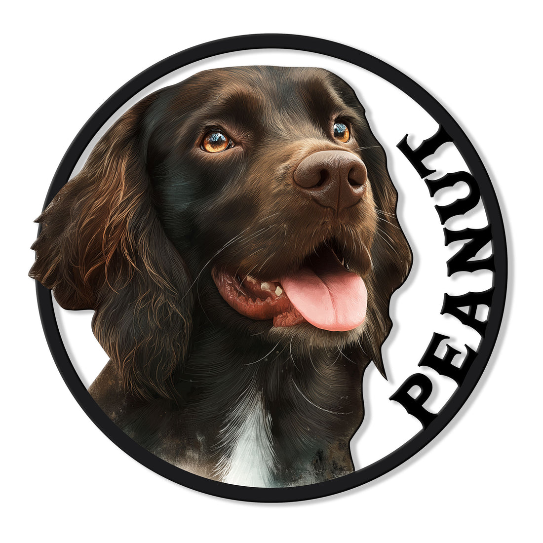 Boykin Spaniel metal sign featuring a detailed chocolate dog portrait in a round frame