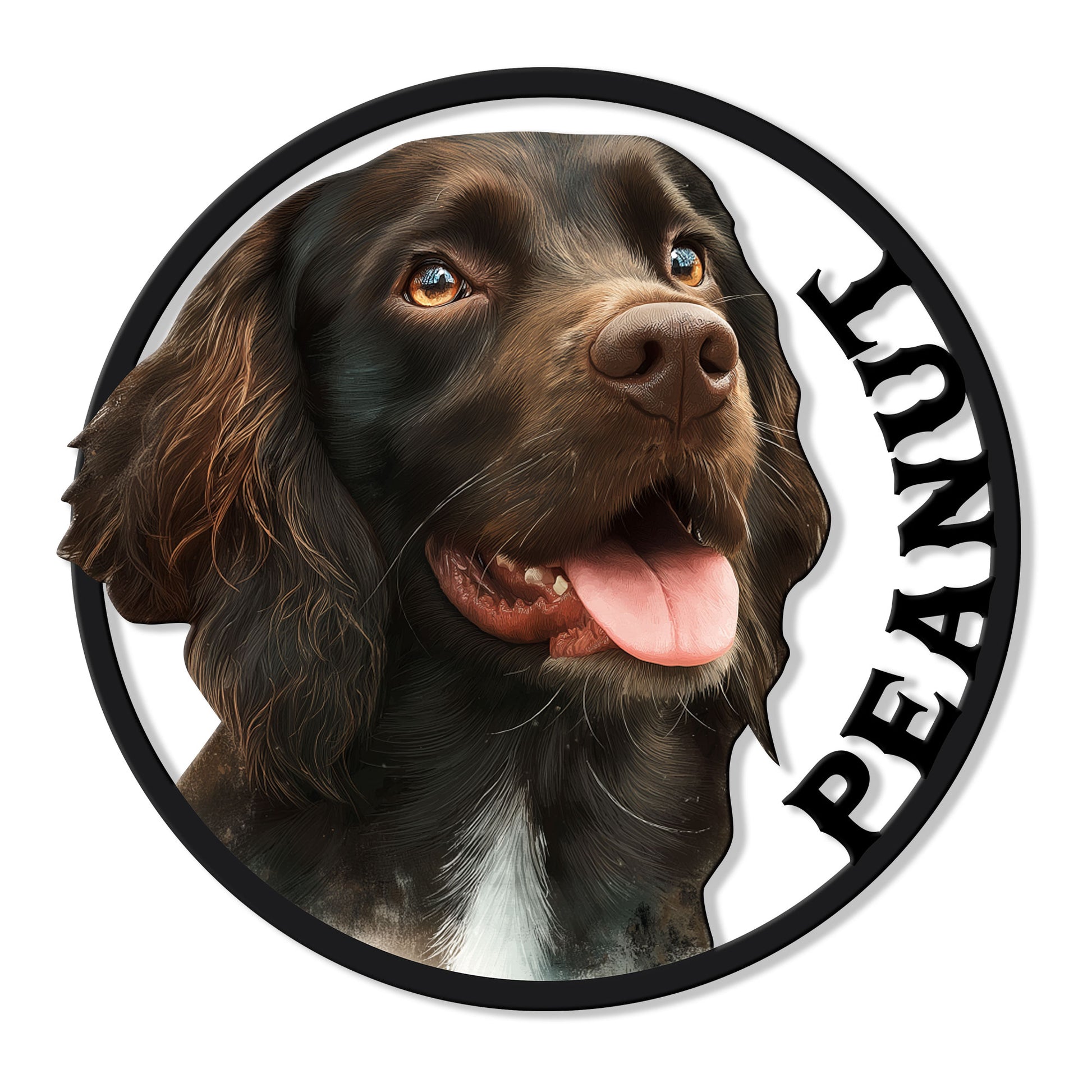 Boykin Spaniel metal sign featuring a detailed chocolate dog portrait in a round frame