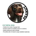 Round Boykin Spaniel metal sign shown with a realistic portrait and cut steel design