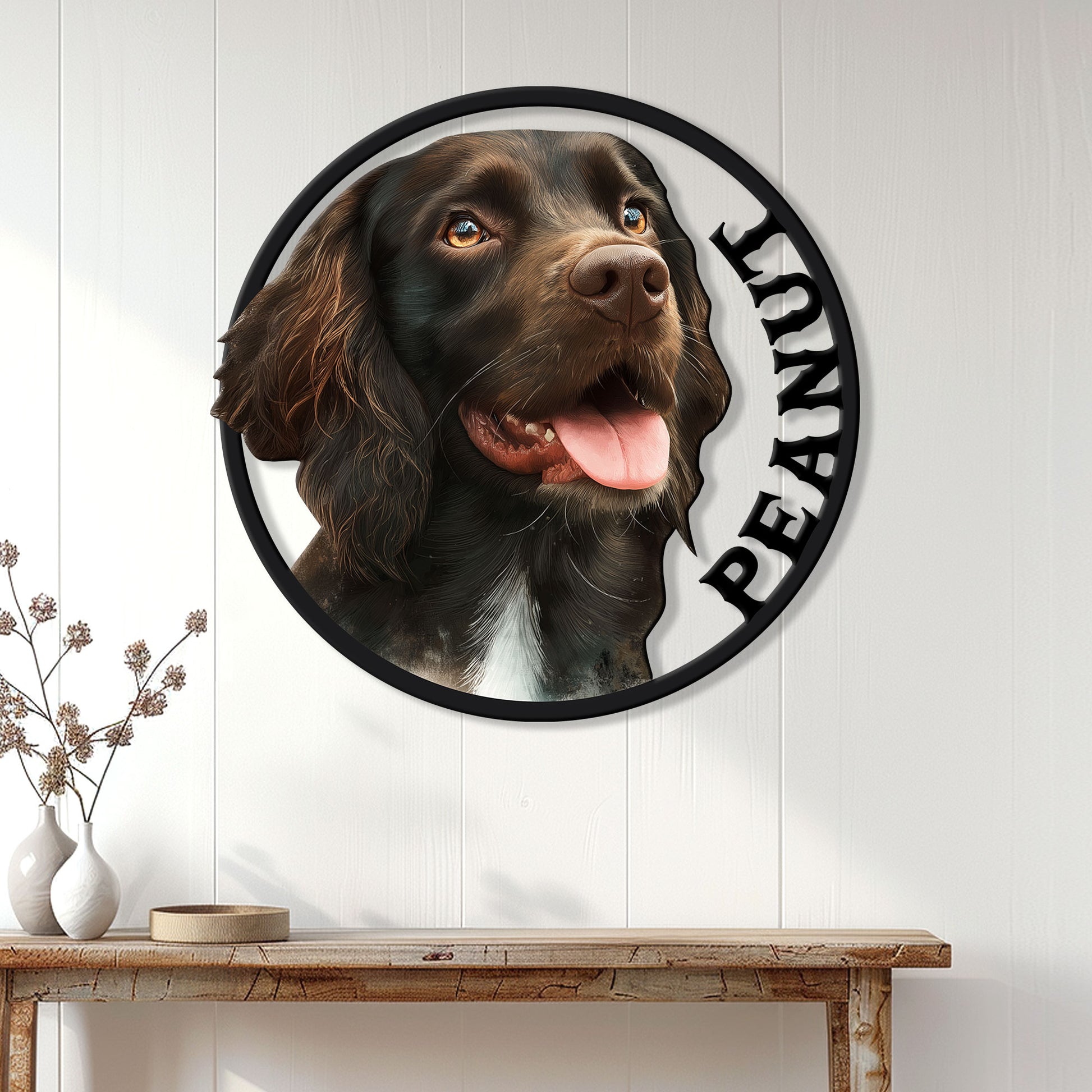 Boykin Spaniel wall sign displayed on a white-paneled wall above a rustic console table