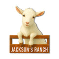 Custom goat metal sign featuring a friendly white goat leaning over a rustic ranch fence