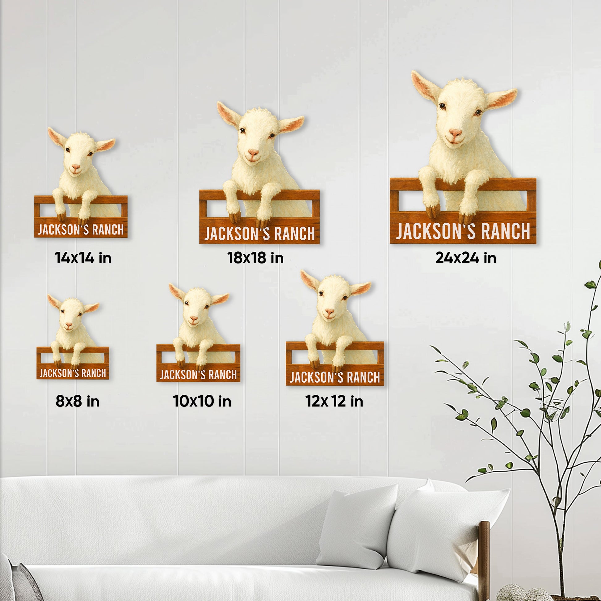 Goat metal sign size guide showing six square size options in a farmhouse room setting