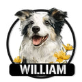 Custom Rough Collie metal sign featuring a cheerful collie portrait and yellow flowers