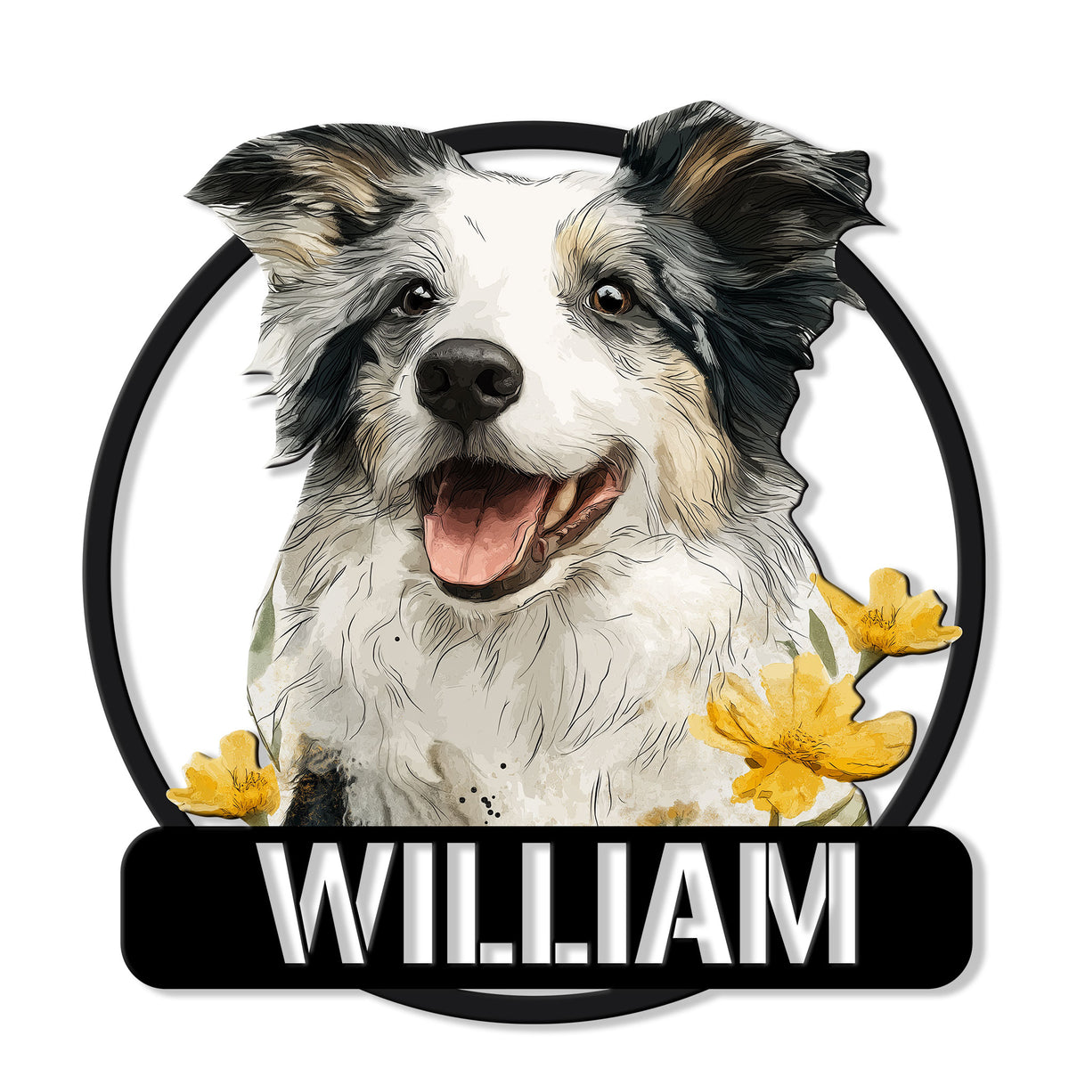 Custom Rough Collie metal sign featuring a cheerful collie portrait and yellow flowers