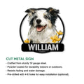 Rough Collie cut metal sign shown with product features and mounting options
