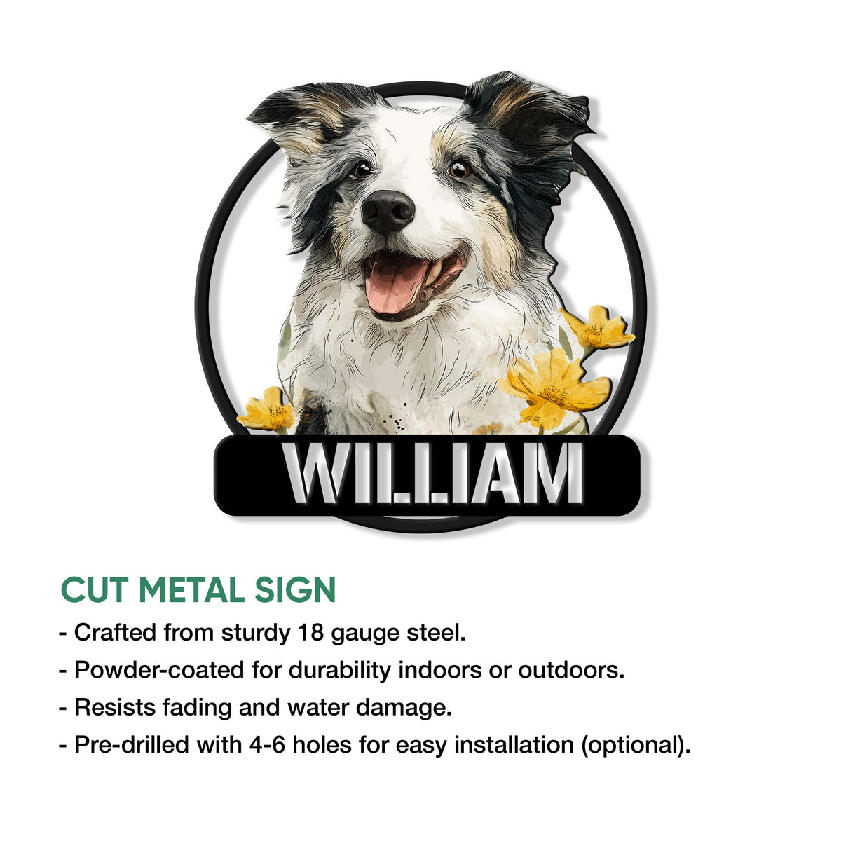Rough Collie cut metal sign shown with product features and mounting options