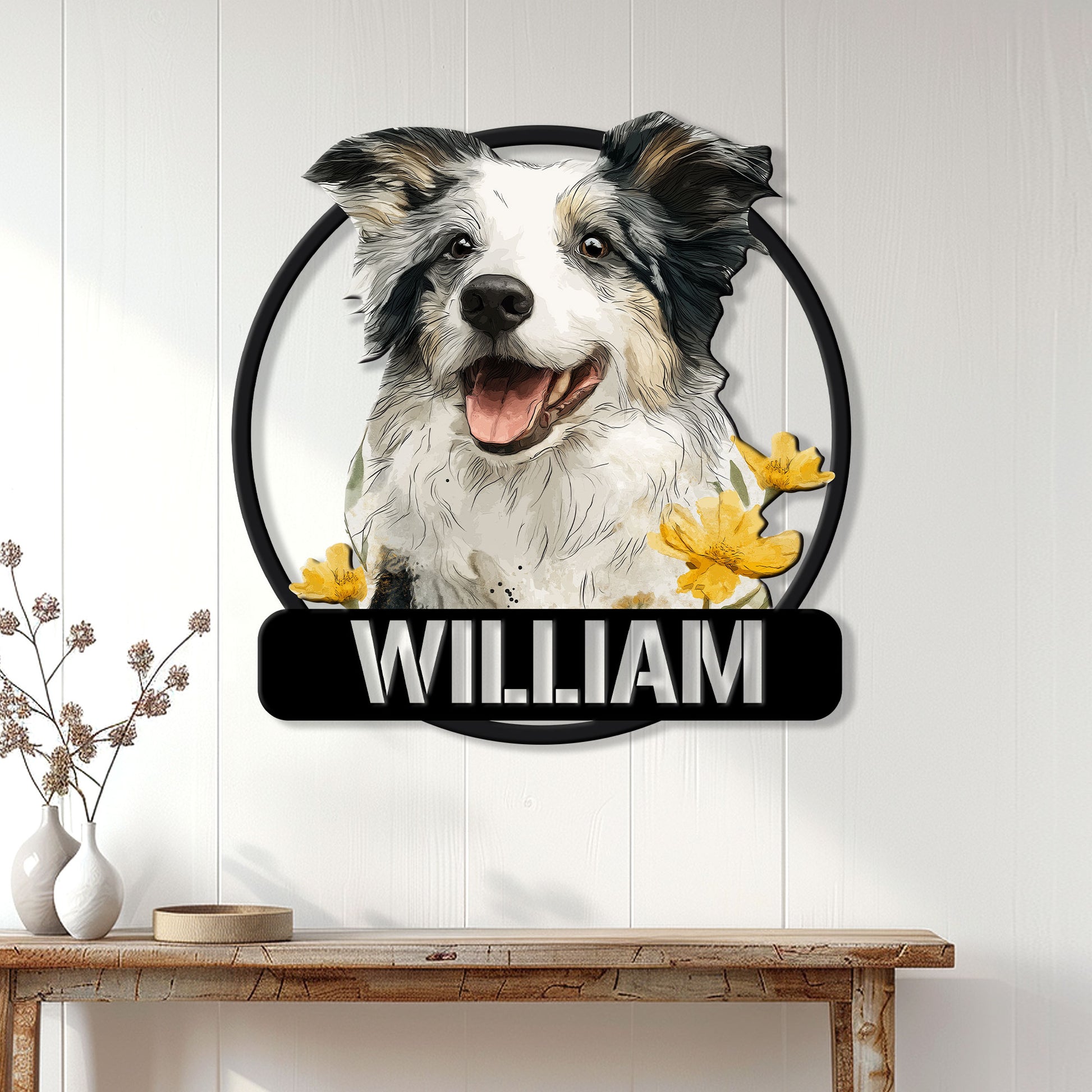 Rough Collie portrait metal sign displayed as wall decor in a bright home entryway