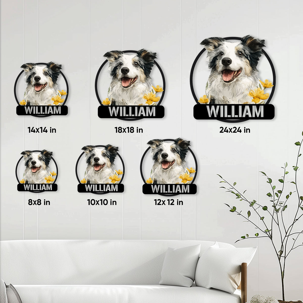 Rough Collie metal sign size guide showing six available square dimensions