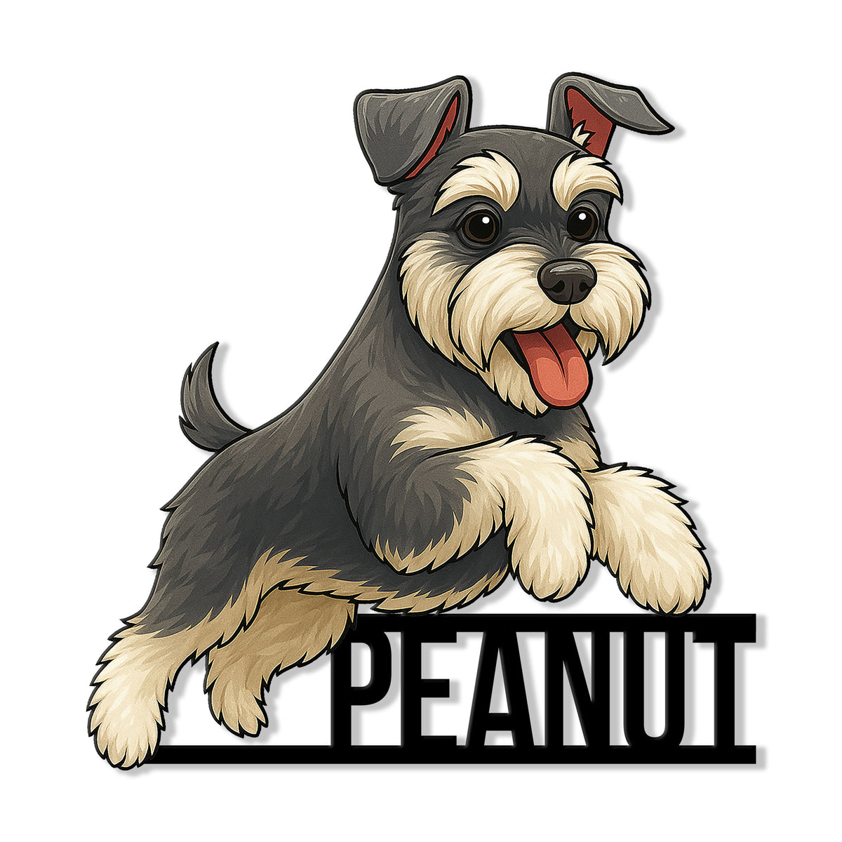 Playful Miniature Schnauzer metal sign featuring a shaggy dog portrait with raised paws and tongue out