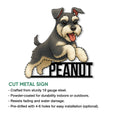 Miniature Schnauzer cut metal sign shown with product feature details for indoor or outdoor display