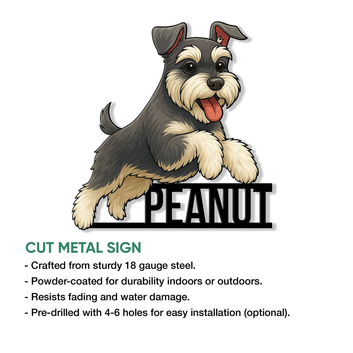 Miniature Schnauzer cut metal sign shown with product feature details for indoor or outdoor display
