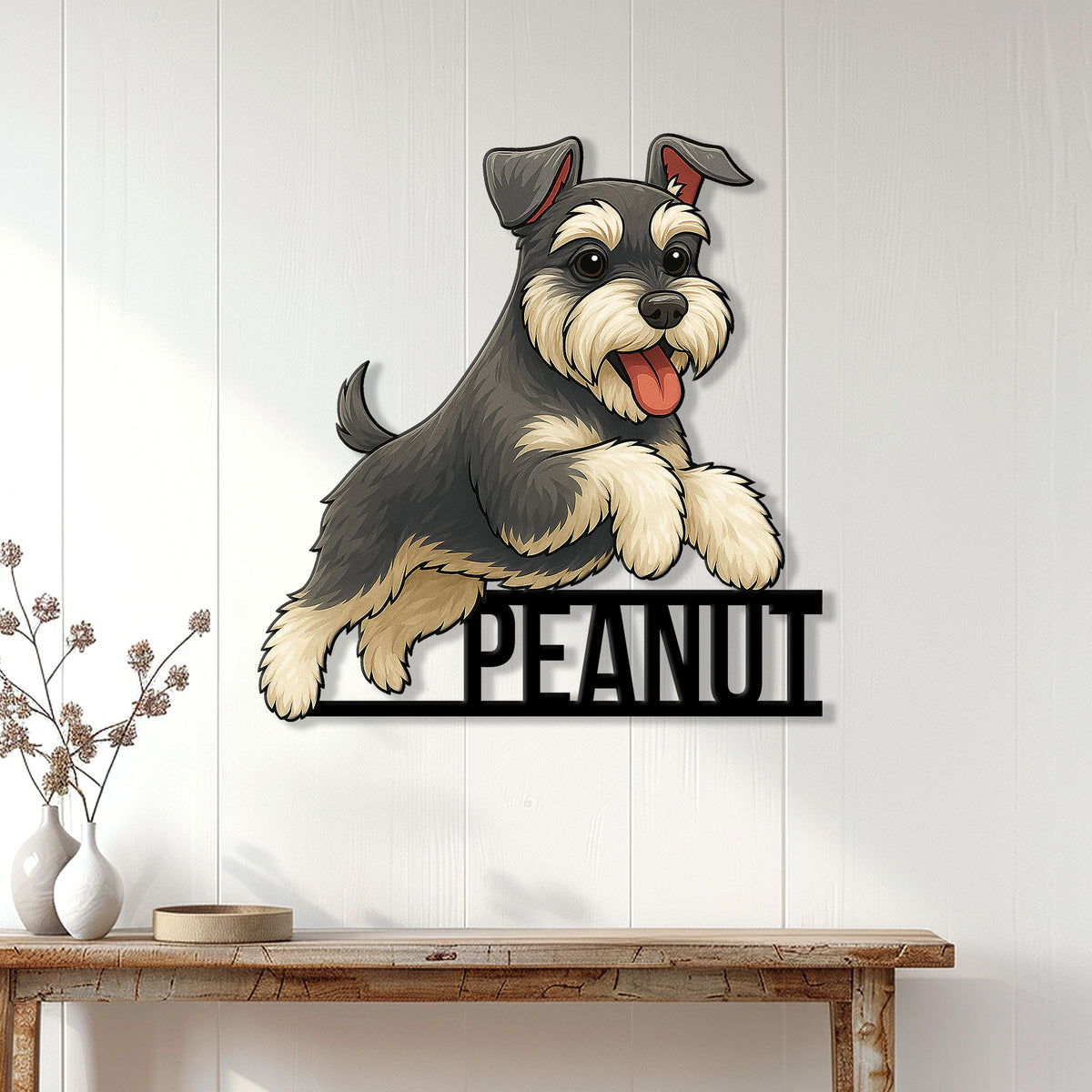 Miniature Schnauzer wall sign displayed on a bright wood-paneled wall above a console table