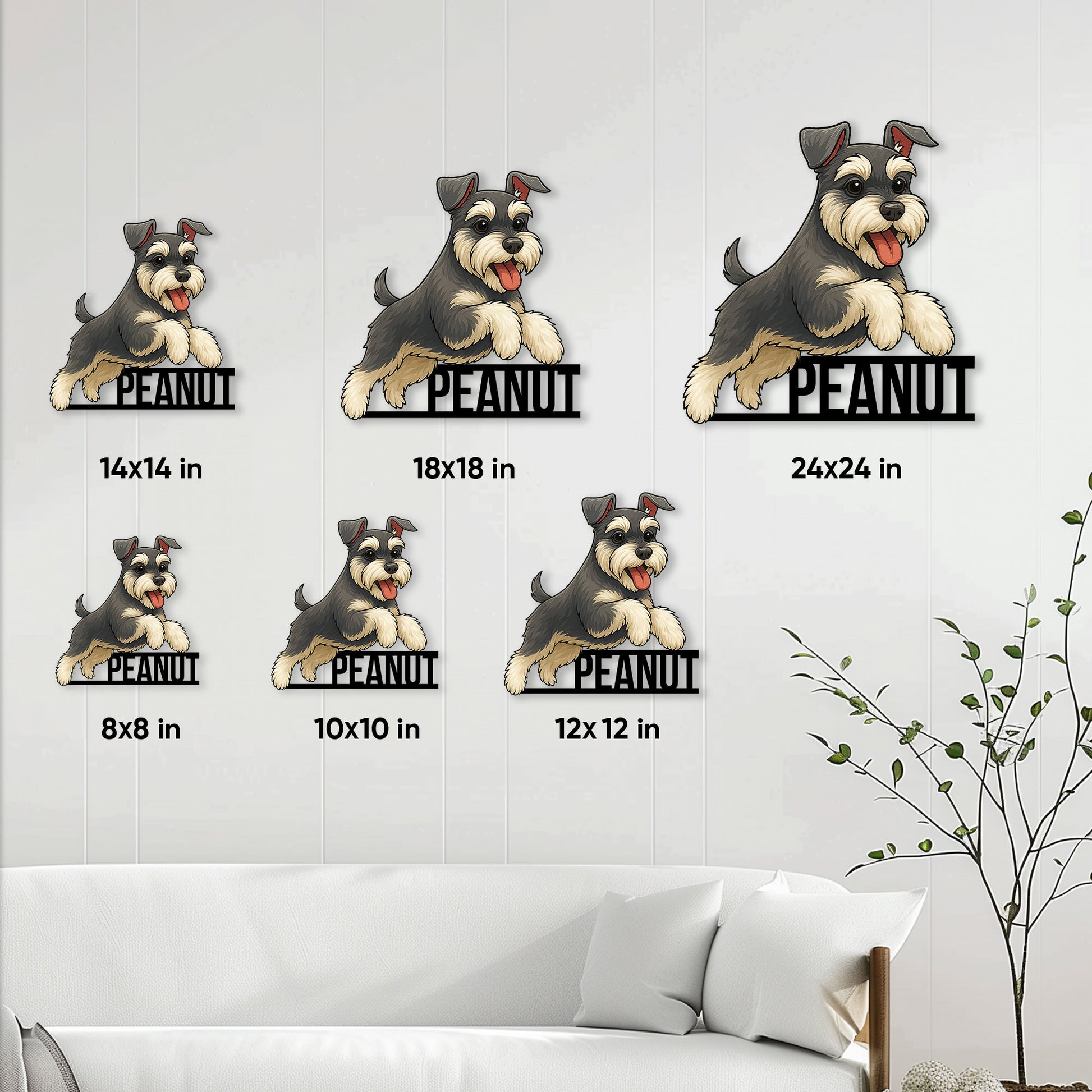 Miniature Schnauzer metal sign size guide showing available square dimensions from 8 by 8 to 24 by 24 inches