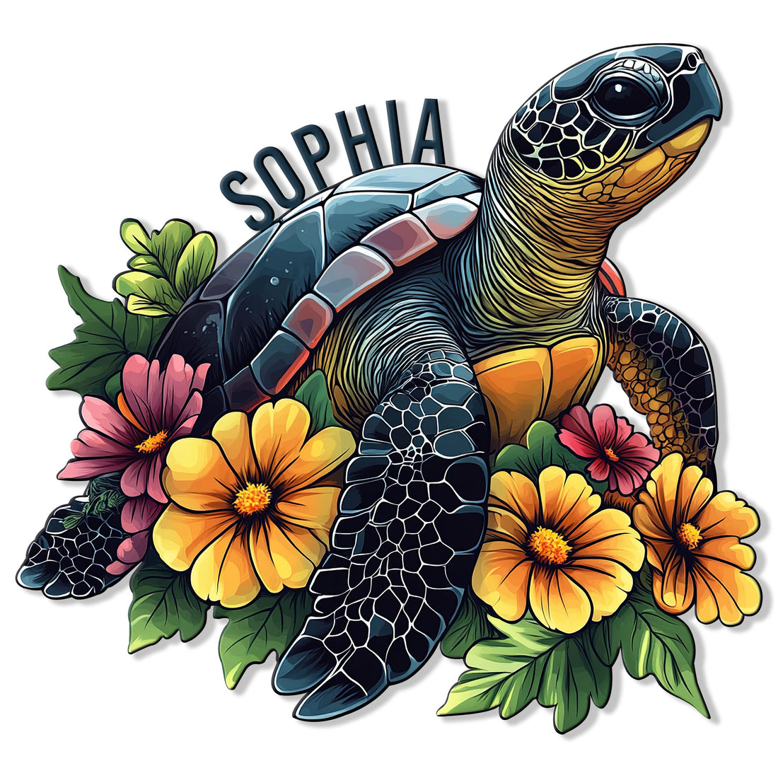 Colorful sea turtle metal sign surrounded by tropical flowers and lush green leaves