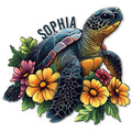 Colorful sea turtle metal sign surrounded by tropical flowers and lush green leaves