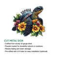 Sea turtle floral metal sign shown in a cut-metal product feature infographic