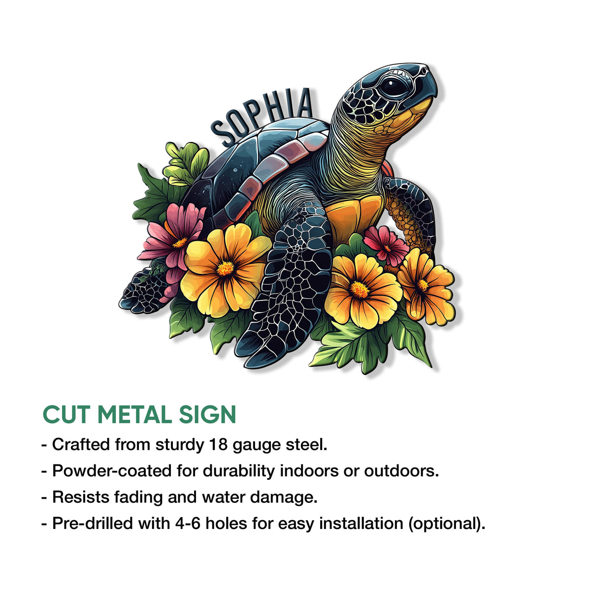 Sea turtle floral metal sign shown in a cut-metal product feature infographic