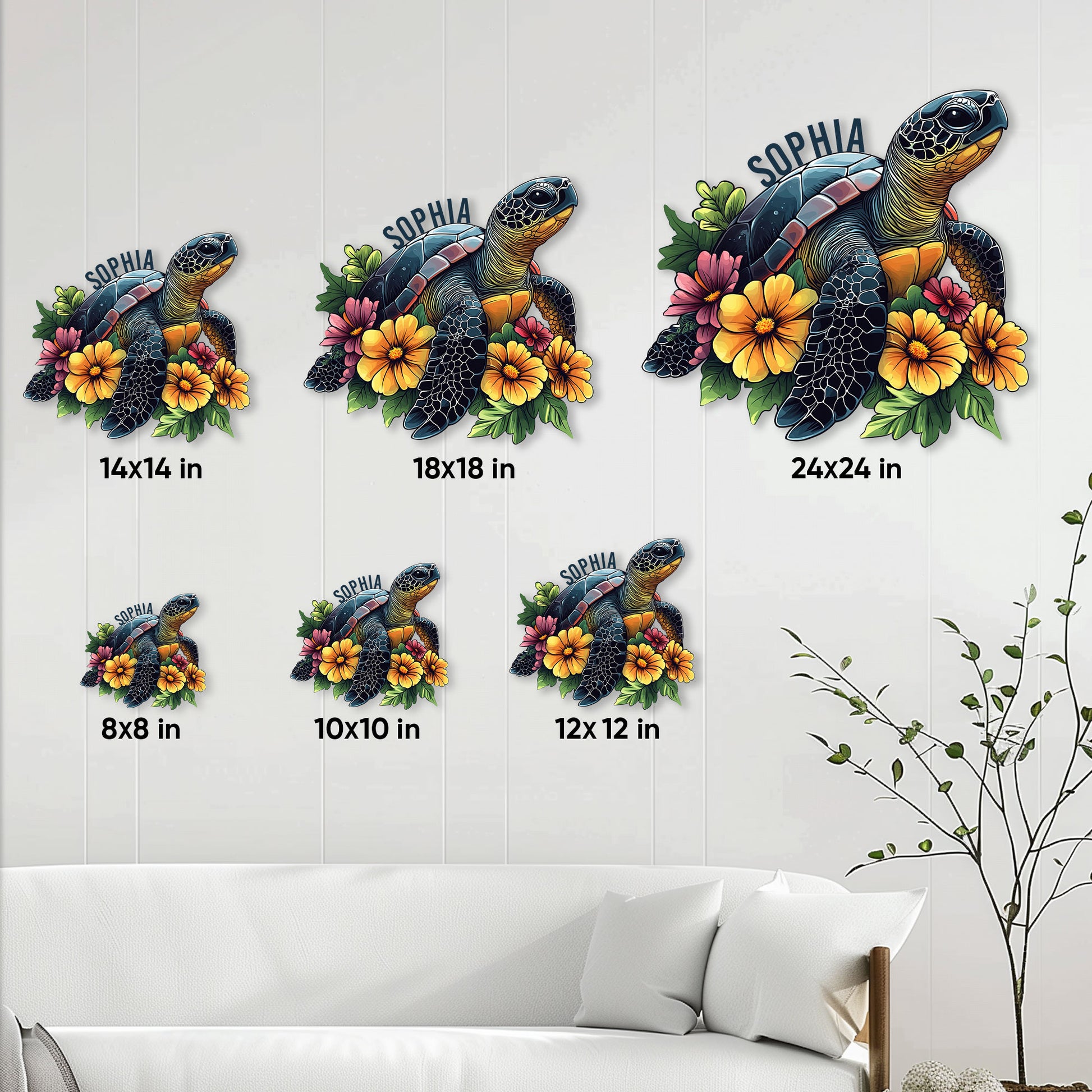 Sea turtle floral metal sign size guide showing 8, 10, 12, 14, 18, and 24 inch options