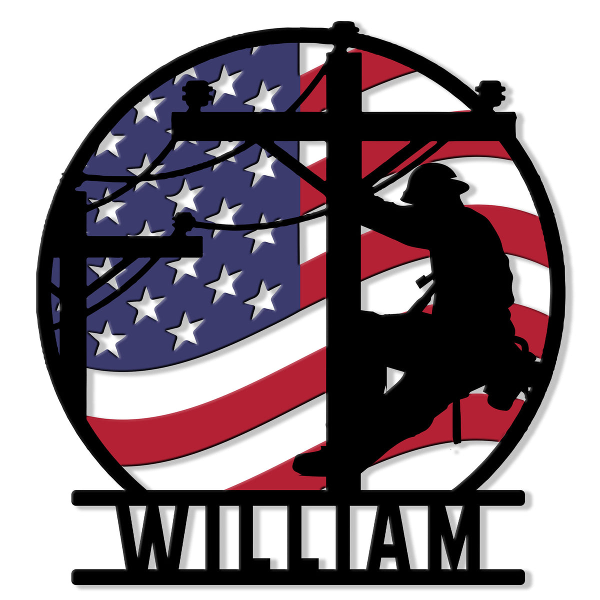 Lineman metal sign featuring a utility worker silhouette against an American flag design
