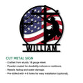 Lineman cut metal sign with an American flag backdrop and utility worker silhouette