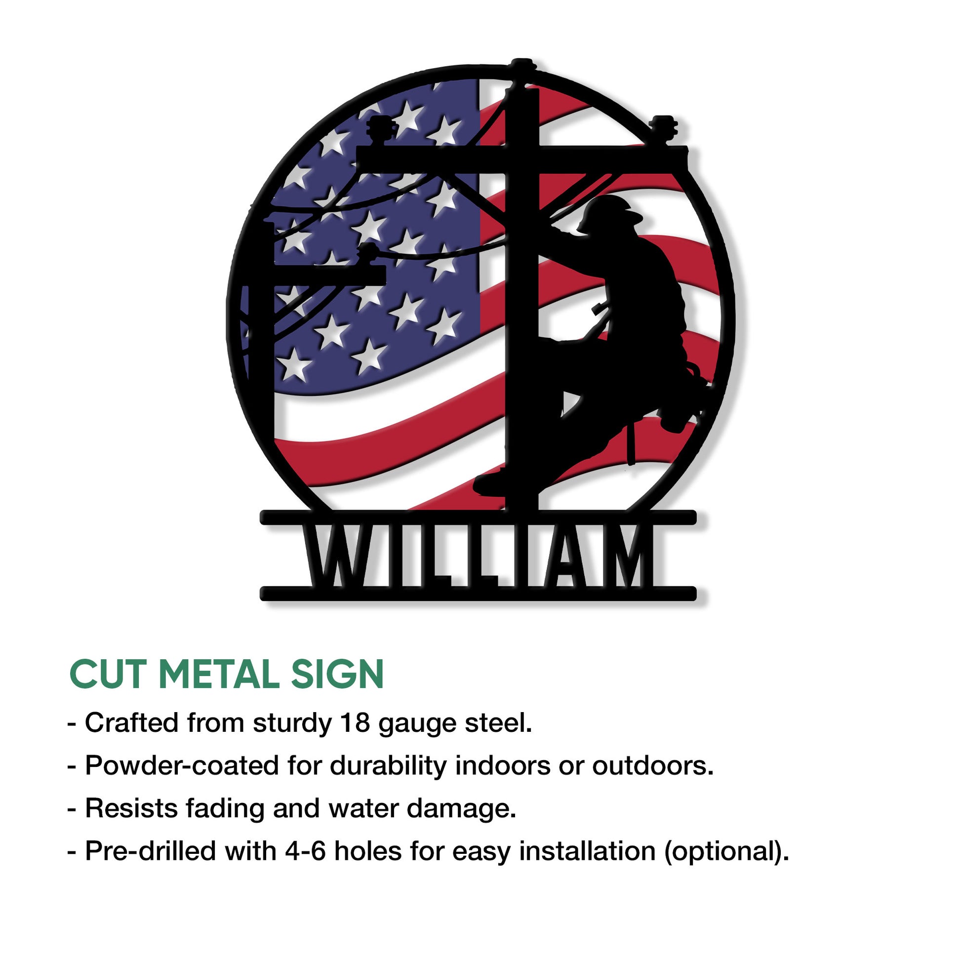 Lineman cut metal sign with an American flag backdrop and utility worker silhouette