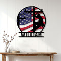 Lineman wall decor displayed on a white paneled wall above a rustic console table
