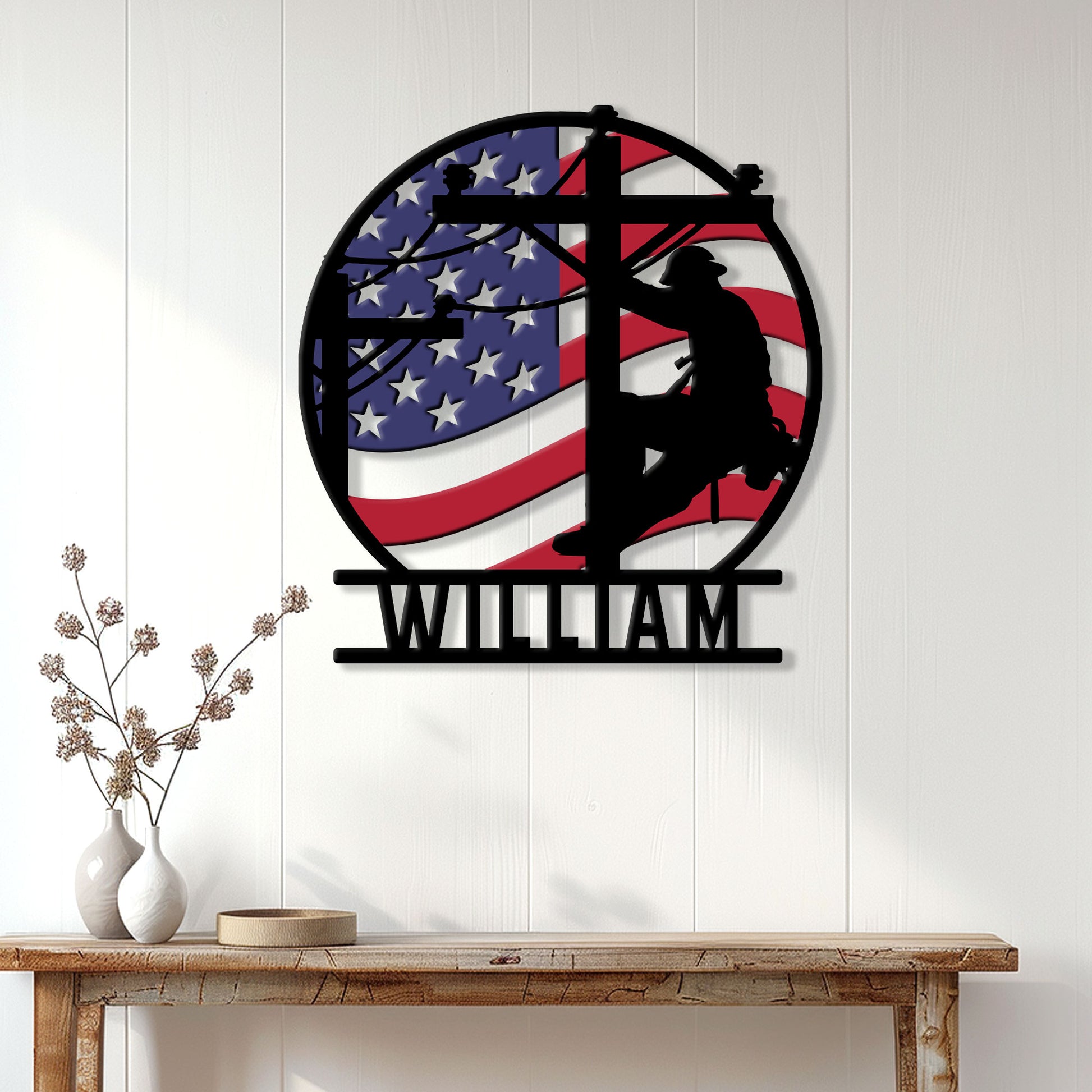 Lineman wall decor displayed on a white paneled wall above a rustic console table