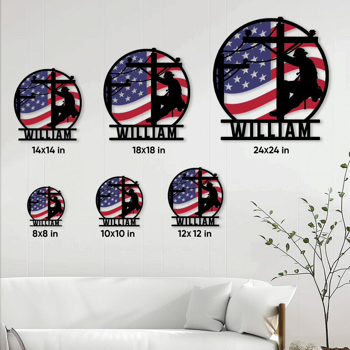 Lineman metal sign size guide showing available square sizes from 8 by 8 to 24 by 24 inches