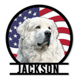 Custom Great Pyrenees metal sign featuring a fluffy white dog portrait framed by an American flag