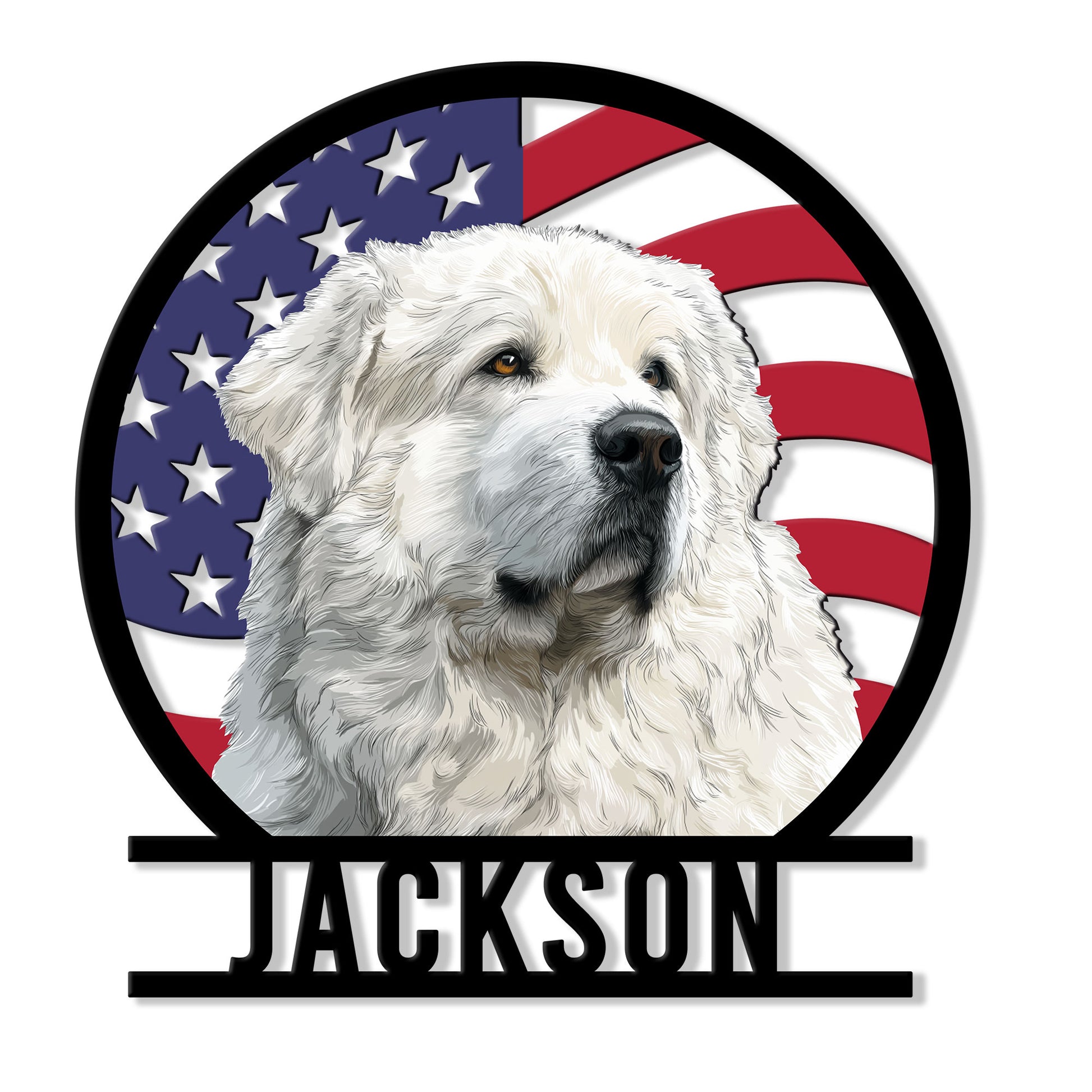 Custom Great Pyrenees metal sign featuring a fluffy white dog portrait framed by an American flag