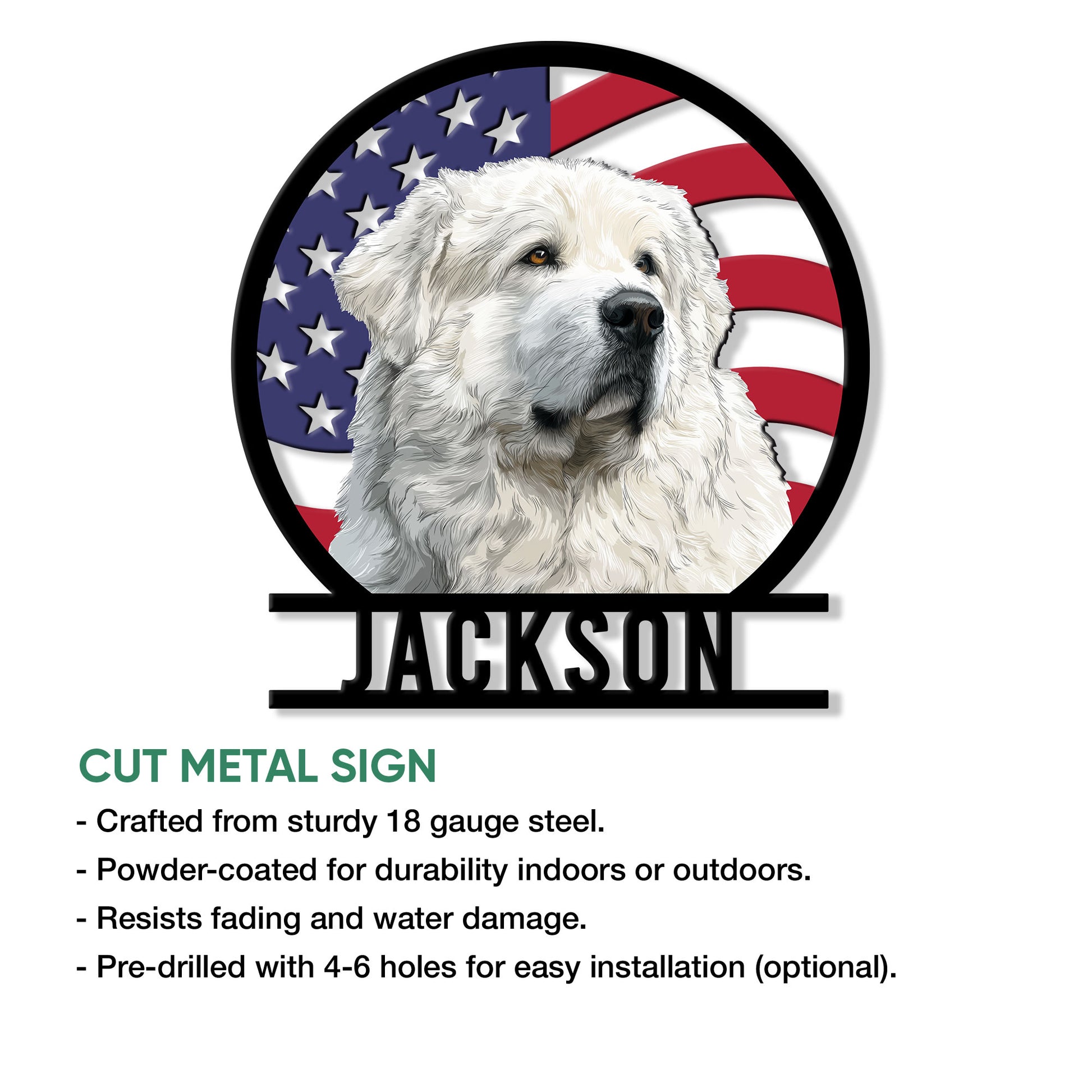 Great Pyrenees dog metal sign shown with cut steel sign features and an American flag design