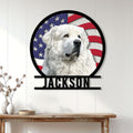Great Pyrenees wall sign displayed on white paneled decor above a console table