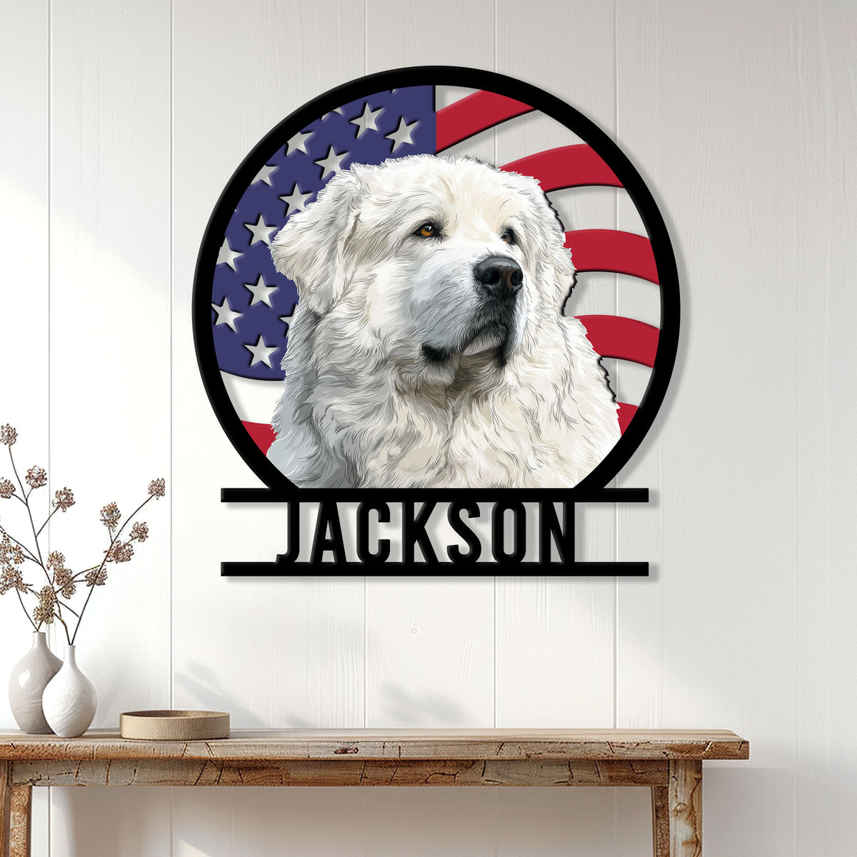 Great Pyrenees wall sign displayed on white paneled decor above a console table