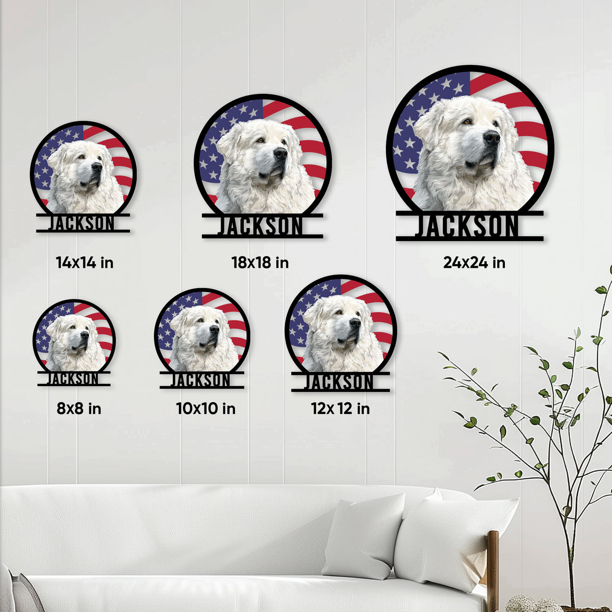 Great Pyrenees metal sign shown in multiple size options on a living room wall