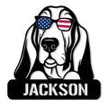Custom Basset Hound metal sign featuring a patriotic dog portrait wearing American flag sunglasses
